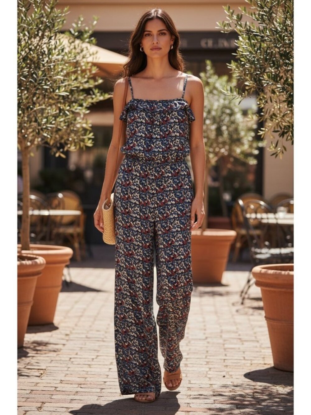 Sea New York Silk Jumpsuit 2 Navy Paisley Floral Wide Leg Ruffle Square Neck